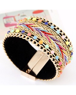 Dual Rows Colorful Gems Decorated Golden and Colorful Weaving Pattern Magnet Bangle