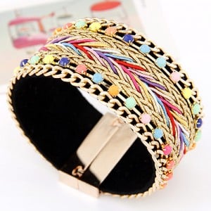 Dual Rows Colorful Gems Decorated Golden and Colorful Weaving Pattern Magnet Bangle