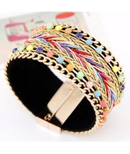 Dual Rows Colorful Gems Decorated Golden and Colorful Weaving Pattern Magnet Bangle