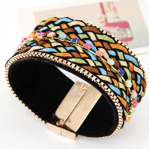 Colorful Threads and Gems Design Wide Magnet Bangle