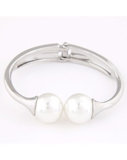 Twin Pearl Fashion Alloy Bangle - Silver
