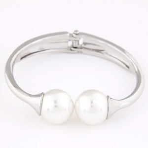 Twin Pearl Fashion Alloy Bangle - Silver