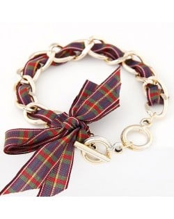 Korean Fashion Cloth Bowknot Metallic Bracelet - Red