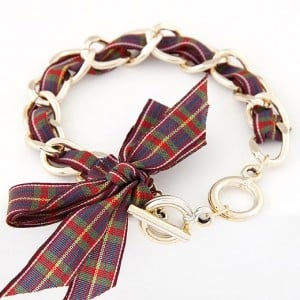 Korean Fashion Cloth Bowknot Metallic Bracelet - Red