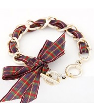 Korean Fashion Cloth Bowknot Metallic Bracelet - Red