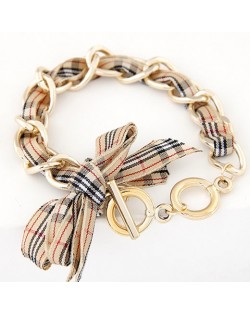 Korean Fashion Cloth Bowknot Metallic Bracelet - Khaki