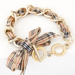 Korean Fashion Cloth Bowknot Metallic Bracelet - Khaki