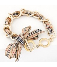 Korean Fashion Cloth Bowknot Metallic Bracelet - Khaki