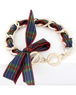 Korean Fashion Cloth Bowknot Metallic Bracelet - Blue