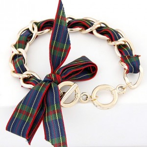 Korean Fashion Cloth Bowknot Metallic Bracelet - Blue
