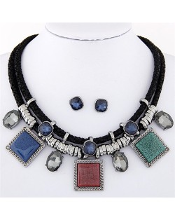 Rhinestone and Stone Gems Square Fashion Dual Layers Design Necklace and Earrings Set - Multicolor