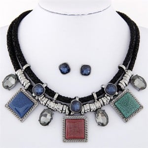 Rhinestone and Stone Gems Square Fashion Dual Layers Design Necklace and Earrings Set - Multicolor