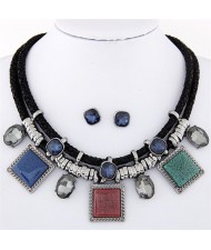 Rhinestone and Stone Gems Square Fashion Dual Layers Design Necklace and Earrings Set - Multicolor