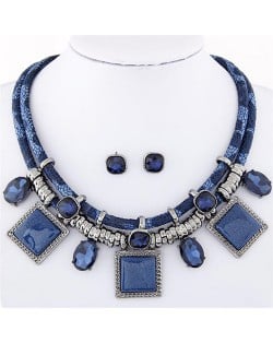 Rhinestone and Stone Gems Square Fashion Dual Layers Design Necklace and Earrings Set - Blue
