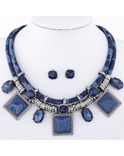 Rhinestone and Stone Gems Square Fashion Dual Layers Design Necklace and Earrings Set - Blue