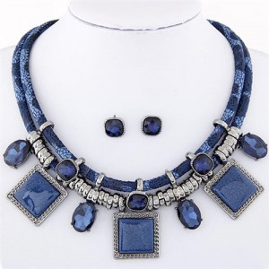 Rhinestone and Stone Gems Square Fashion Dual Layers Design Necklace and Earrings Set - Blue