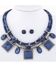 Rhinestone and Stone Gems Square Fashion Dual Layers Design Necklace and Earrings Set - Blue