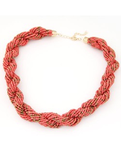Bohemian Fashion Weaving Dough Twist Mini Beads Statement Necklace - Pink