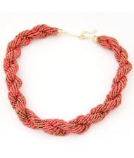 Bohemian Fashion Weaving Dough Twist Mini Beads Statement Necklace - Pink