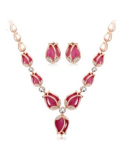 Charming Red Opal Tulips Fashion Necklace and Earrings Set