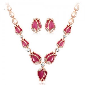 Charming Red Opal Tulips Fashion Necklace and Earrings Set