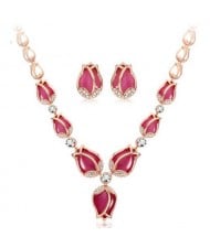 Charming Red Opal Tulips Fashion Necklace and Earrings Set
