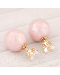 Rhinestone Inlaid Glamourous Color Imitation Pearl Fashion Ear Studs - Light Pink