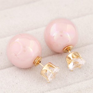 Rhinestone Inlaid Glamourous Color Imitation Pearl Fashion Ear Studs - Light Pink