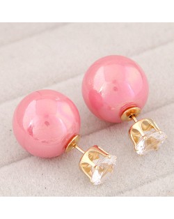 Rhinestone Inlaid Glamourous Color Imitation Pearl Fashion Ear Studs - Pink