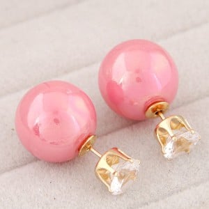 Rhinestone Inlaid Glamourous Color Imitation Pearl Fashion Ear Studs - Pink
