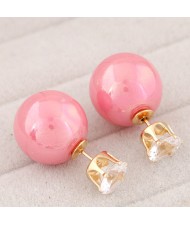 Rhinestone Inlaid Glamourous Color Imitation Pearl Fashion Ear Studs - Pink