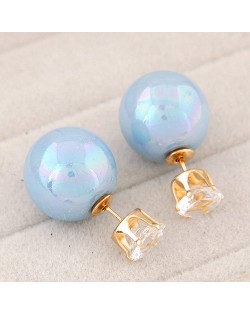Rhinestone Inlaid Glamourous Color Imitation Pearl Fashion Ear Studs - Blue