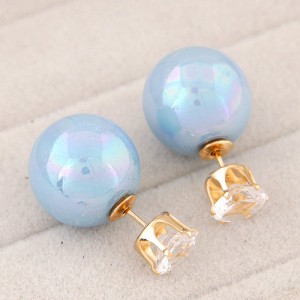 Rhinestone Inlaid Glamourous Color Imitation Pearl Fashion Ear Studs - Blue