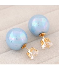 Rhinestone Inlaid Glamourous Color Imitation Pearl Fashion Ear Studs - Blue
