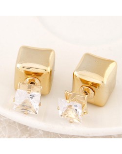 Cubic Block Flash Drilling Fashion Ear Studs - Golden