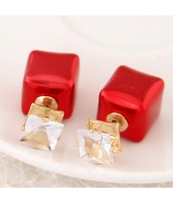 Cubic Block Flash Drilling Fashion Ear Studs - Red