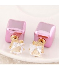 Cubic Block Flash Drilling Fashion Ear Studs - Pink