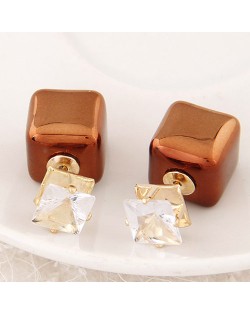 Cubic Block Flash Drilling Fashion Ear Studs - Brown