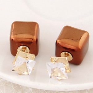 Cubic Block Flash Drilling Fashion Ear Studs - Brown