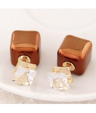 Cubic Block Flash Drilling Fashion Ear Studs - Brown