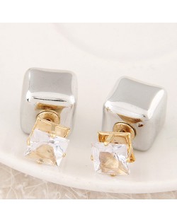 Cubic Block Flash Drilling Fashion Ear Studs - Silver