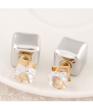 Cubic Block Flash Drilling Fashion Ear Studs - Silver