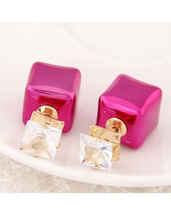 Cubic Block Flash Drilling Fashion Ear Studs - Fuchsia