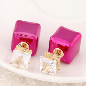 Cubic Block Flash Drilling Fashion Ear Studs - Fuchsia