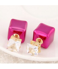 Cubic Block Flash Drilling Fashion Ear Studs - Fuchsia