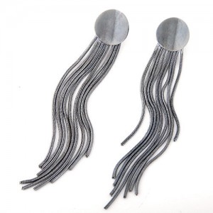 Simple Long Tassel Fashion Design Round Ear Studs - Gan Black