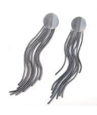 Simple Long Tassel Fashion Design Round Ear Studs - Gan Black