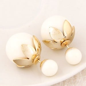 Golden Lotus Leaf Embellished Fruit Design Fashion Ear Studs - White