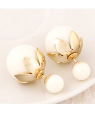 Golden Lotus Leaf Embellished Fruit Design Fashion Ear Studs - White