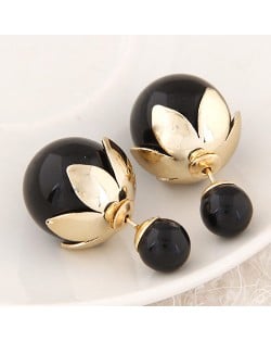 Golden Lotus Leaf Embellished Fruit Design Fashion Ear Studs - Black